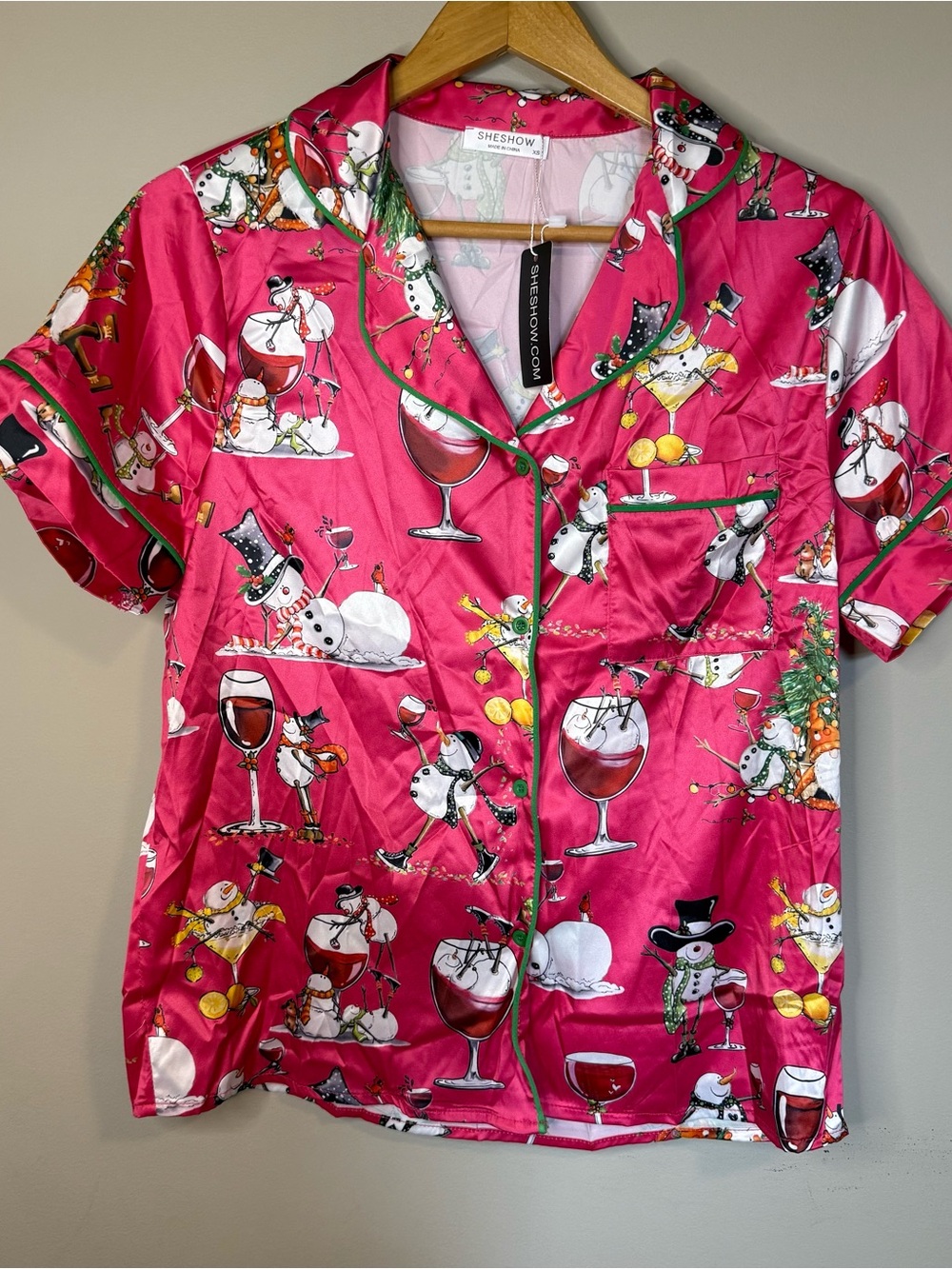 Pink Satin Holiday Snowman Wine Print Pajama Set with Shorts